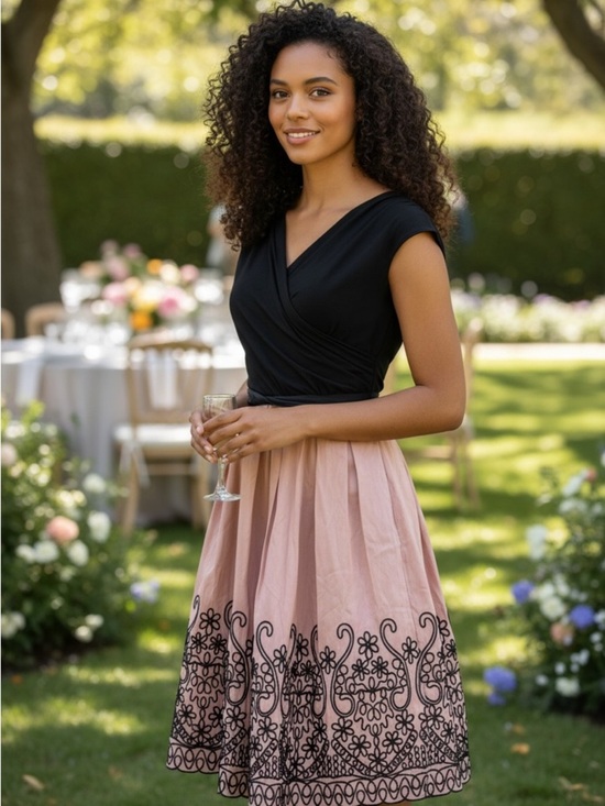 SL Fashions Dresses & Skirts - SL Fashions Black & Blush Embroidered Wrap Midi Dress